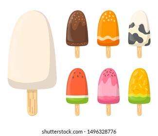 Collection of tasty colorful ice cream with different taste and toppping, sweet dessert template for design. Vector Illustration.
