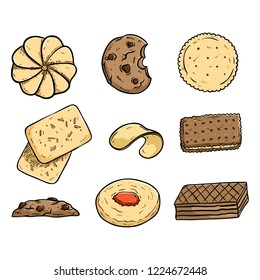 collection of tasty coockies with colored doodle or hand drawn style