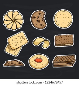 collection of tasty coockies with colored doodle or hand drawn style on chalkboard background