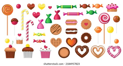 Collection of tasty desserts on white background