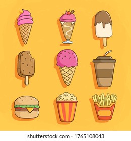 collection of tasty food, ice cream, coffee cup, burger, and french fries