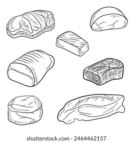 Kollektion von leckeren Frischfleischprodukten: Schinken, Salami, Wurst, Speck in Schwarz isoliert auf weißem Hintergrund. Handgezeichnete Vektorgrafik Skizze Illustration in Doodle graviert Vintage Line Art Stil.