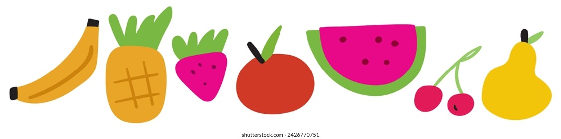 Collection of tasty fruits. Banana, apple, strawberry, cherry. Flat design. Vector isolated icons. Hand drawn illustrations on white background.