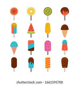 Collection of tasty ice cream. Set of ice cream cones and popsicle with different topping. Vanilla and chocolate dessert