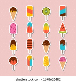 Collection of tasty ice cream stickers. Set of ice cream cones and popsicle with different topping. Vector illustration