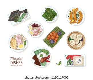 Collection of tasty meals of Malaysian cuisine. Bundle of delicious spicy Asian restaurant dishes lying on plates isolated on white background. Colorful realistic hand drawn vector illustration svg