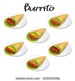 collection of tasty mexican burrito on plate icon on white background. Realistic style. Vector illustration. Isolated on white. Object for packaging, advertisements, menu.