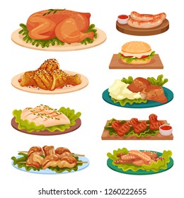 Collection of tasty poultry dishes, fried chicken meat, sausages, burger served on plates vector Illustration on a white background