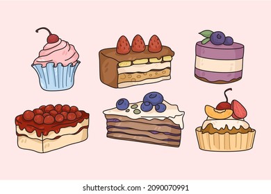 Collection of tasty sweet desserts with fruits and filling. Set of delicious cakes and pastries. Cupcakes and muffins menu for restaurant or bakery. Confectionary shop. Flat vector illustration. 