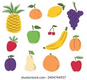 Collection of tasty sweet fruits: pineapple, apple, strawberry, pear and cherry, lemon, peach, apricot, banana isolated on white background. Flat cart