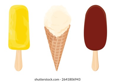 Collection of tasty various ice cream cones, popsicles and fruit ice with different fillings. Set of ice cream scoop with different topping in waffle cone.  Sweet summer dessert