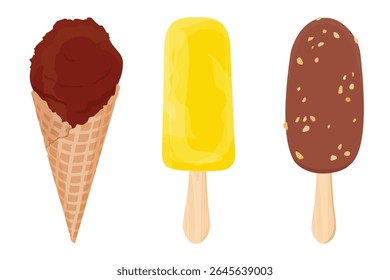 Collection of tasty various ice cream cones, popsicles and fruit ice with different fillings. Set of ice cream scoop with different topping in waffle cone.  Sweet summer dessert. Isolated on 