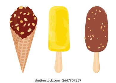 Collection of tasty various ice cream cones, popsicles and fruit ice with different fillings. Set of ice cream scoop with different topping in waffle cone.  Sweet summer dessert.