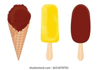 Collection of tasty variuos ice cream cones, popsicles and fruit ice with different fillings. Set of ice cream scoop with different topping in waffle cone.  Sweet summer dessert