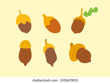 Collection tasty walnut on orange background. Walnut icons. Walnut in cartoon style. Vector illustration.