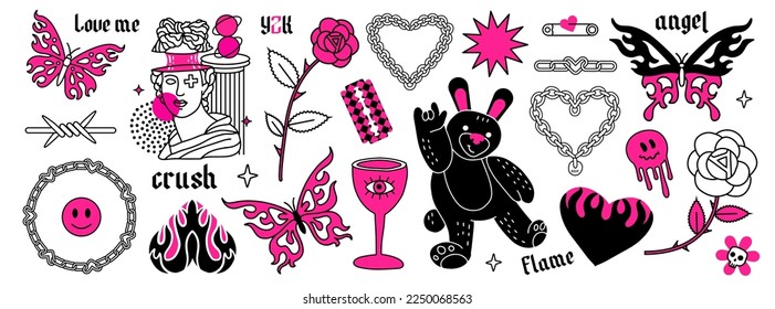 Collection of Tattoo art in 1990s, 2000s style. Y2k emo stickers. Butterfly, barbed wire, butterfly, flame, chain, heart and elements in trendy psychedelic style. Vector hand drawn print.
