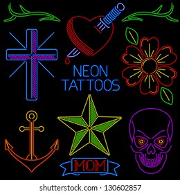 Collection of tattoo art in neon light style