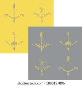 Collection of tattoo bow icons isolated on a contrasting background. Yellow and gray ornate bow and arrow  vector outline icons set 