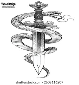 collection of tattoo designs of snakes coiled around a sword