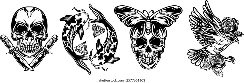 Collection tattoo vector artwork. Monochrome vector illustration in various objects and skull elements.