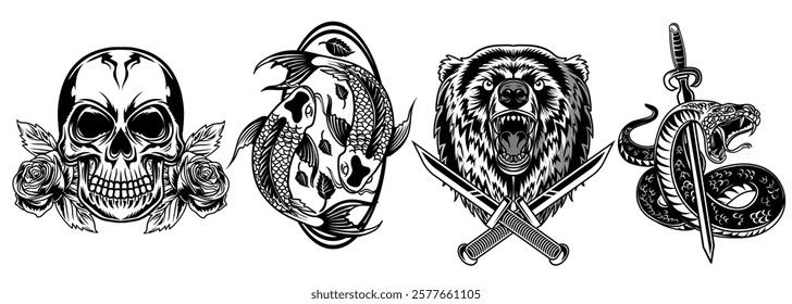 Collection tattoo vector artwork. Monochrome vector illustration in various objects and skull elements.