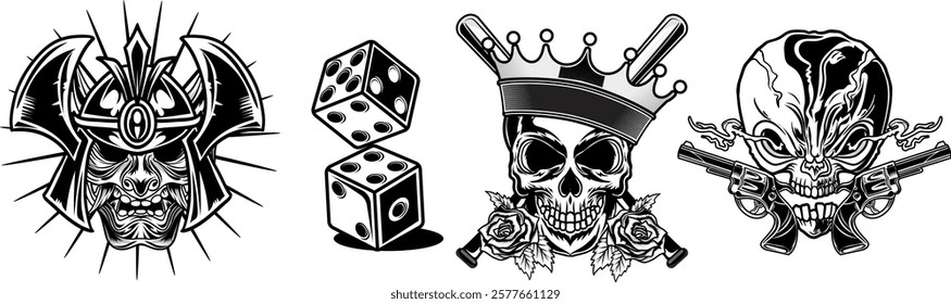 Collection tattoo vector artwork. Monochrome vector illustration in various objects and skull elements.