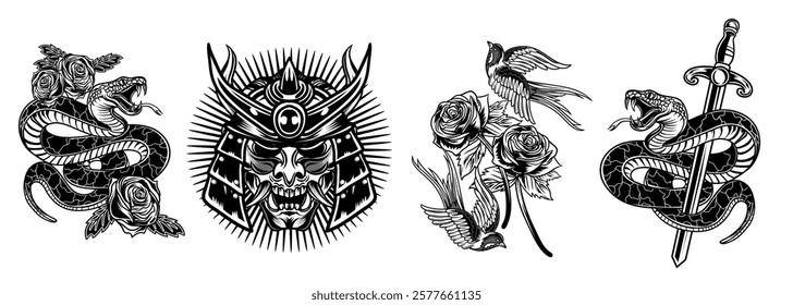 Collection tattoo vector artwork. Monochrome vector illustration in various objects and skull elements.