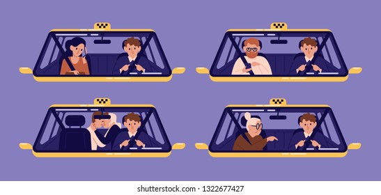 Collection of taxi customers or clients and driver in cab seen through windshield. Bundle of people using automobile service. Set of cute cartoon characters. Flat colorful vector illustration.