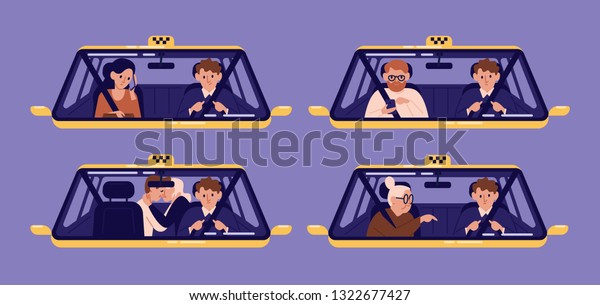 Collection of taxi customers or clients and\
driver in cab seen through windshield. Bundle of people using\
automobile service. Set of cute cartoon characters. Flat colorful\
vector\
illustration.