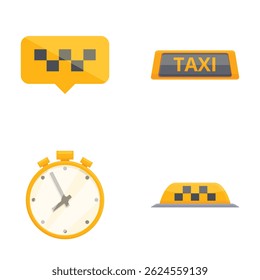 Collection of taxi service icons with transportation, vector, and communication symbols in flat design illustration, isolated on white background. Perfect for urban vehicle apps and convenience