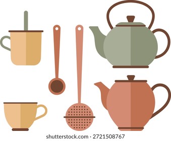 Colección de Accesorios de Té y Elegante Ilustración vectorial Te aware para Diseñadores