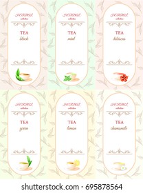 a collection of tea black, green, hibiscus, lemon, peppermint herbal tea