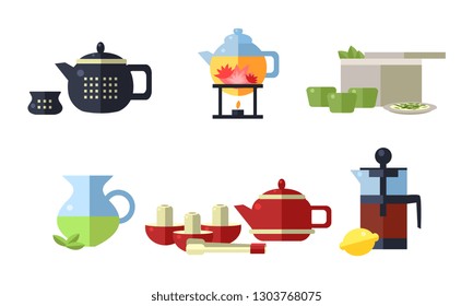 Collection of tea ceremony accessories, cups, teapots, tea party equipment vector Illustration