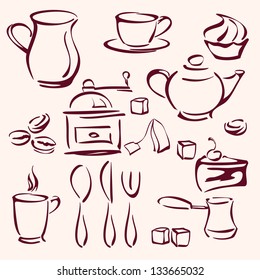 collection of tea coffee and cakes silhouettes vector llustration