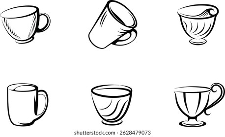 Collection of tea and coffee cups black and white vector illustration