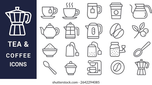 Collection of Tea and Coffee Icons for Beverage and Brewing Designs