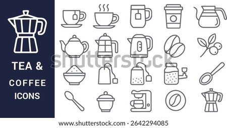 Collection of Tea and Coffee Icons for Beverage and Brewing Designs