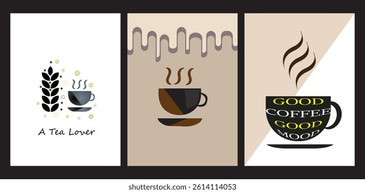Collection of Tea or Coffee lover mobile wallpaper background in black , Set of banners and posters for social media, restaurant and coffee bar advertising. Vector illustration concepts. 