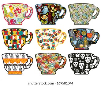Collection of tea cups with different patterns. Vector illustration.