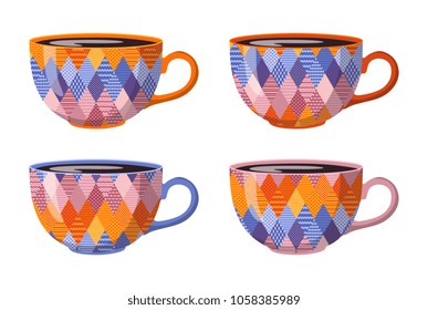Collection of tea cups with patchwork ornament. Vector set of four mugs isolated on white background. 