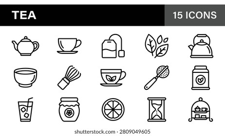 Collection of tea icons featuring teapots cups and herbal leaves in a clean minimalist line style
