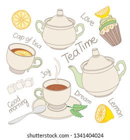 A collection of tea items on a white background. Isolated hand drawing tea party illustrations. Tea with lemon. Doodle style elements collection. Vector illustration