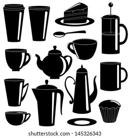 Collection of tea items silhouettes isolated on white