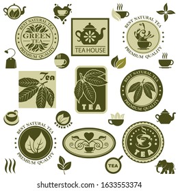 collection of tea labels with leaves and cup isolated on white background