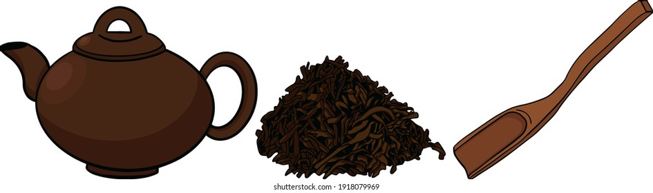 Сolored collection tea leaves, teapot, spoon in sketch style, hand-drawn vector illustration.