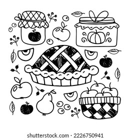 Collection of tea party elements sketches. Hand drawn tea vector icon. Teapot, cup, pie, apple jam. Autumn harvest. Cozy and warm