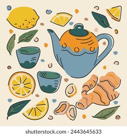 Bebe con jengibre y limón. Hervidor de té. Un conjunto de ilustraciones para beber té. Acogedora ilustración vectorial. Objetos aislados.