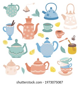 Collection of tea time elements. Vector tea icons. Teapots, cups, cupcakes and sweets, honey, lemon isolated on white background. Design elements.