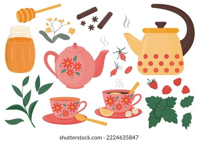 Collection of tea time elements. Vector illustrations of a tea set with various elements - mint, raspberry, hawthorn fruit, honey, cinnamon, lemon, sugar on a white background.