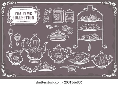 Collection of tea time objects. Vintage tools and pastries. Vector illustration.